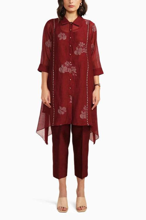 Burgundy Chanderi Embroidered Shirt with Pant
