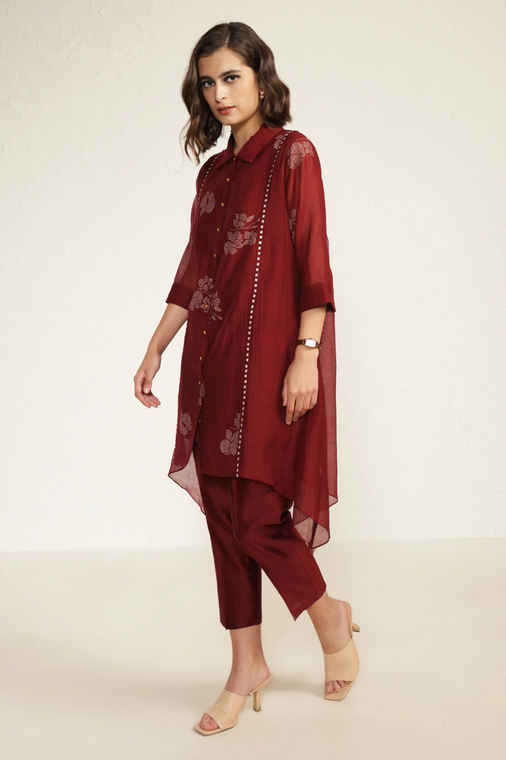 Burgundy Chanderi Embroidered Shirt with Pant