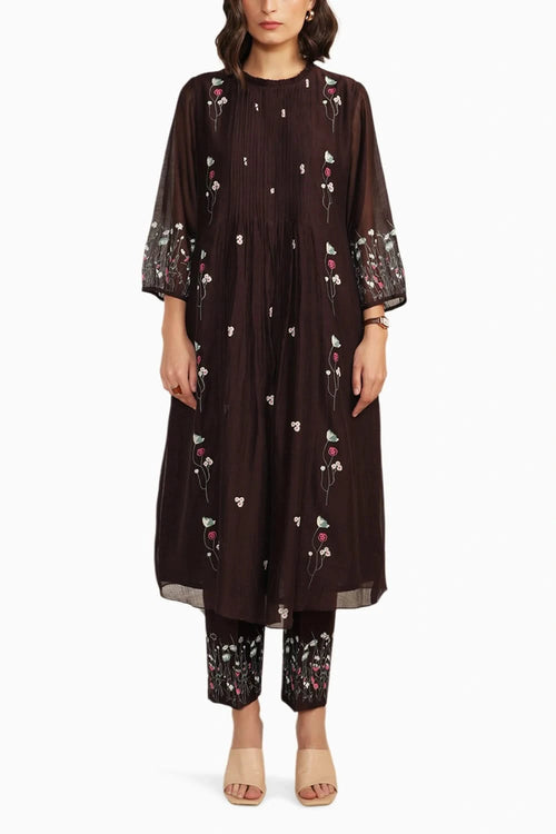 Grape Chanderi Pleated Tunic with Straight Pant