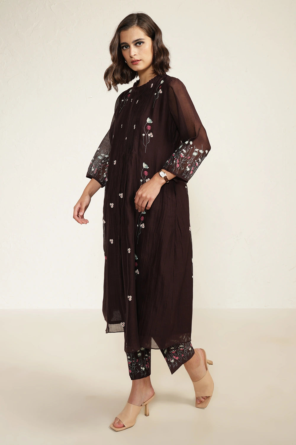 Grape Chanderi Pleated Tunic with Straight Pant