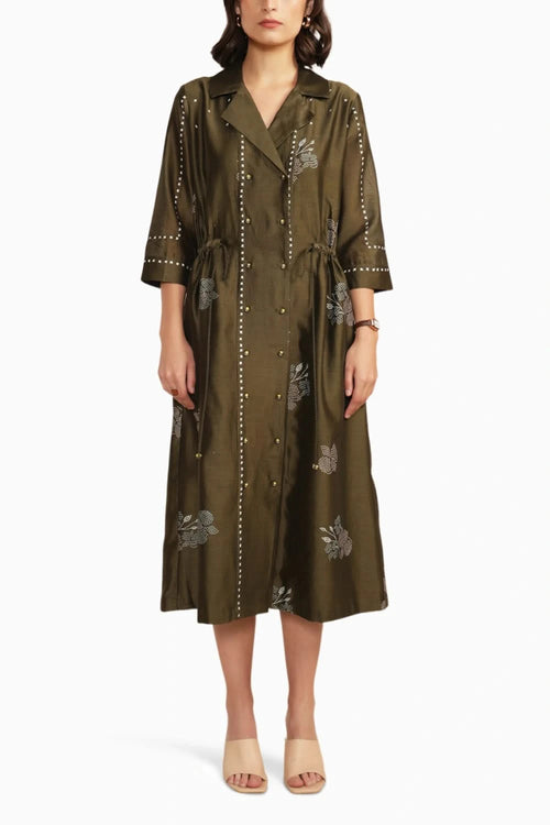 Olive Printed Side Gathered Shirt Dress