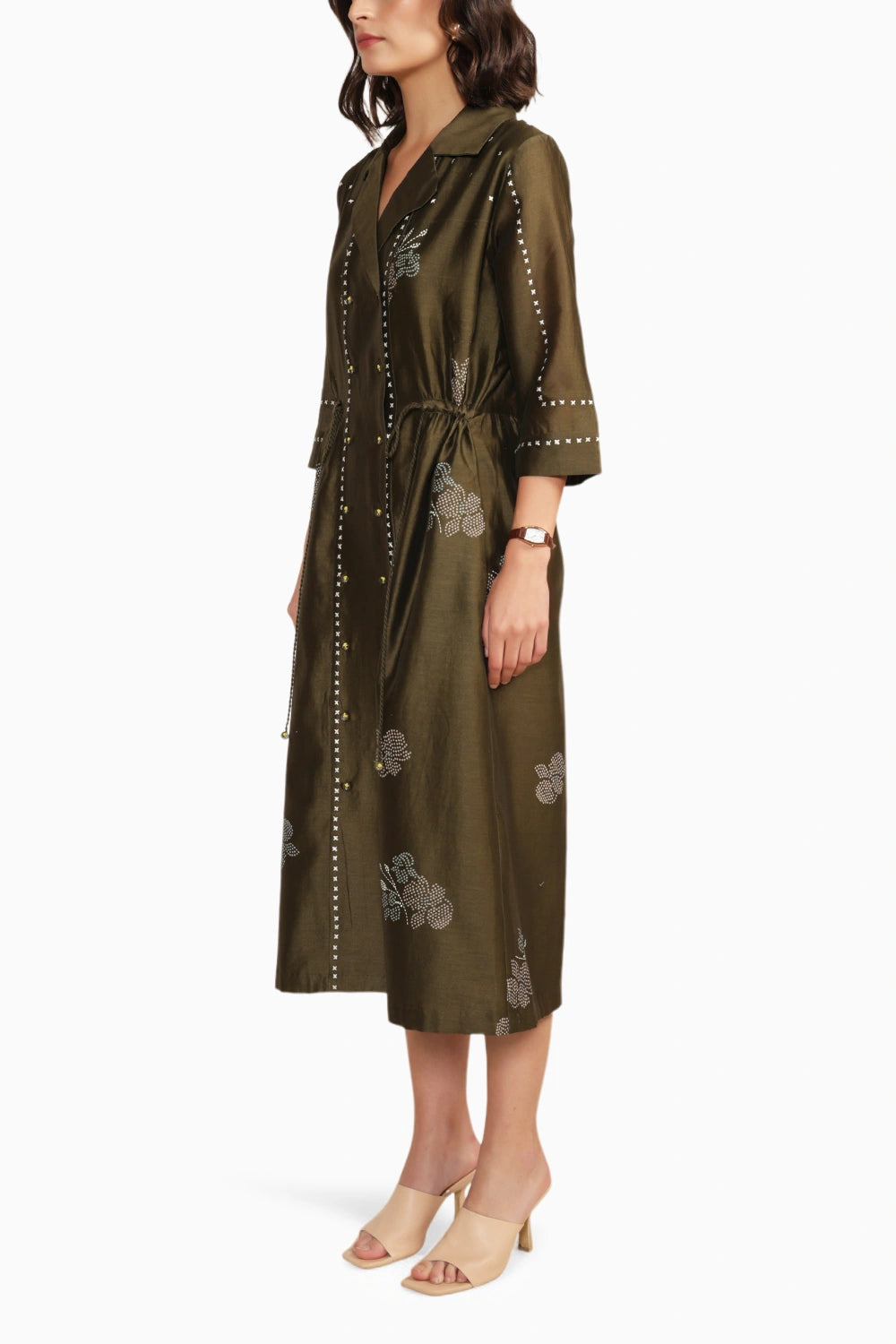 Olive Printed Side Gathered Shirt Dress