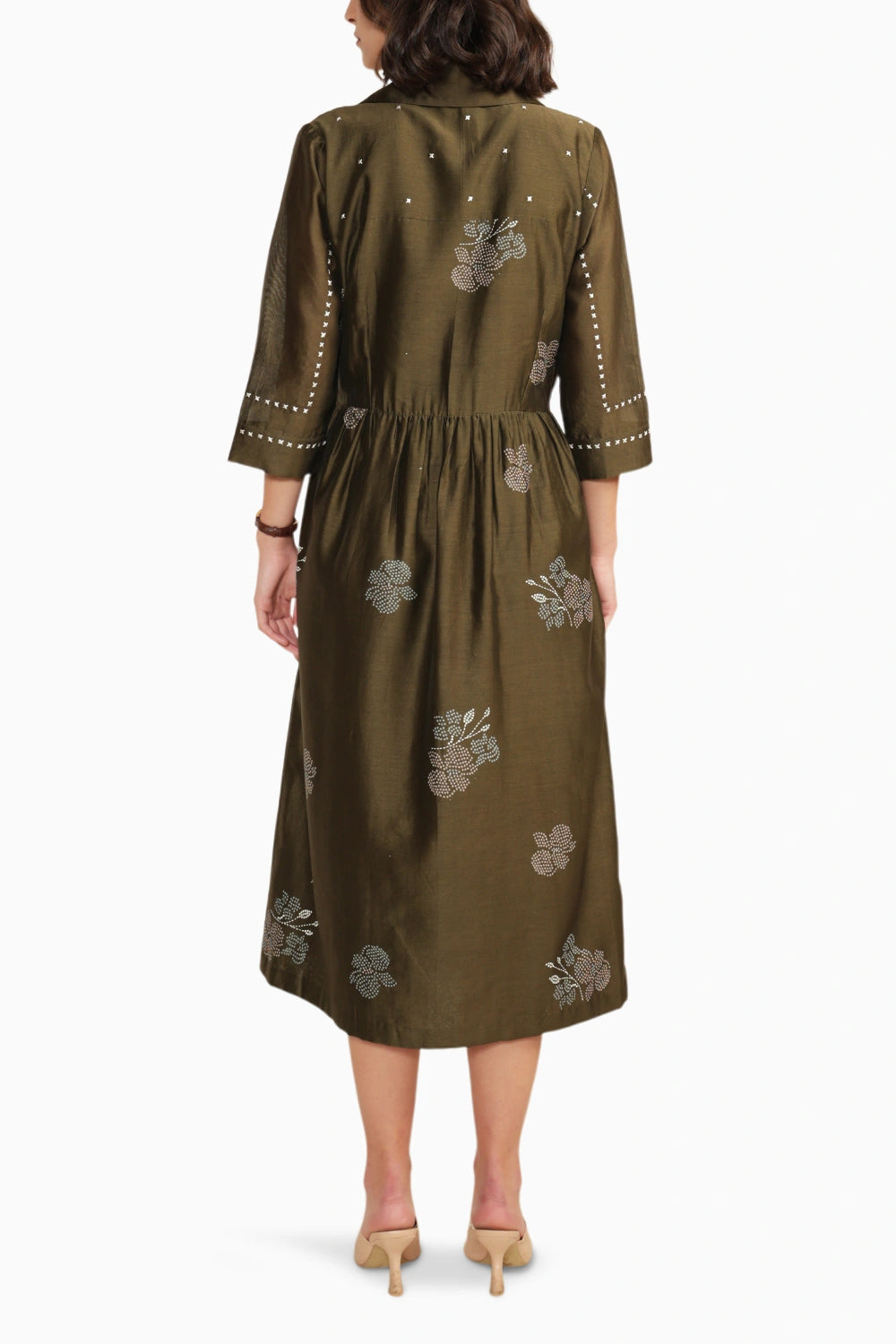 Olive Printed Side Gathered Shirt Dress