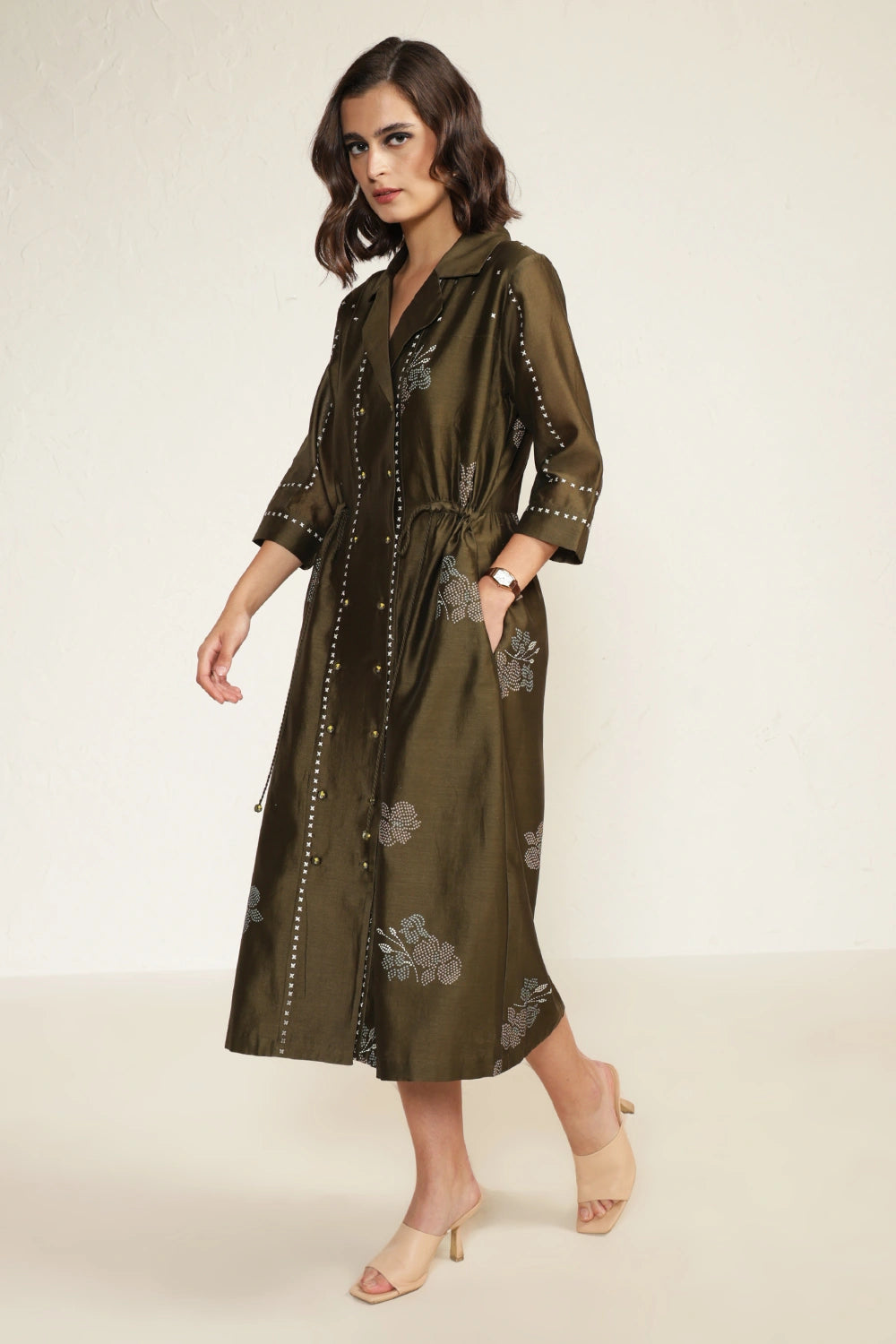 Olive Printed Side Gathered Shirt Dress