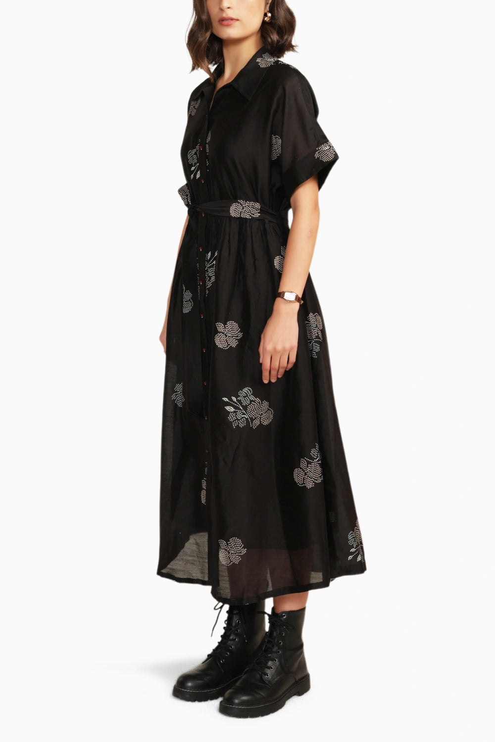 Black Drop Shoulder Printed Embroidered Dress