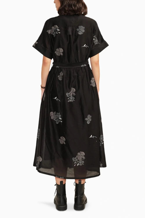 Black Drop Shoulder Printed Embroidered Dress
