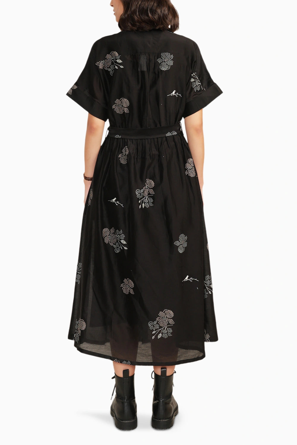 Black Drop Shoulder Printed Embroidered Dress