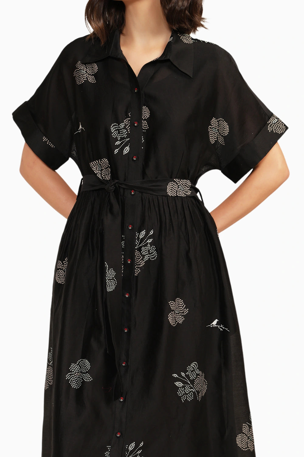 Black Drop Shoulder Printed Embroidered Dress