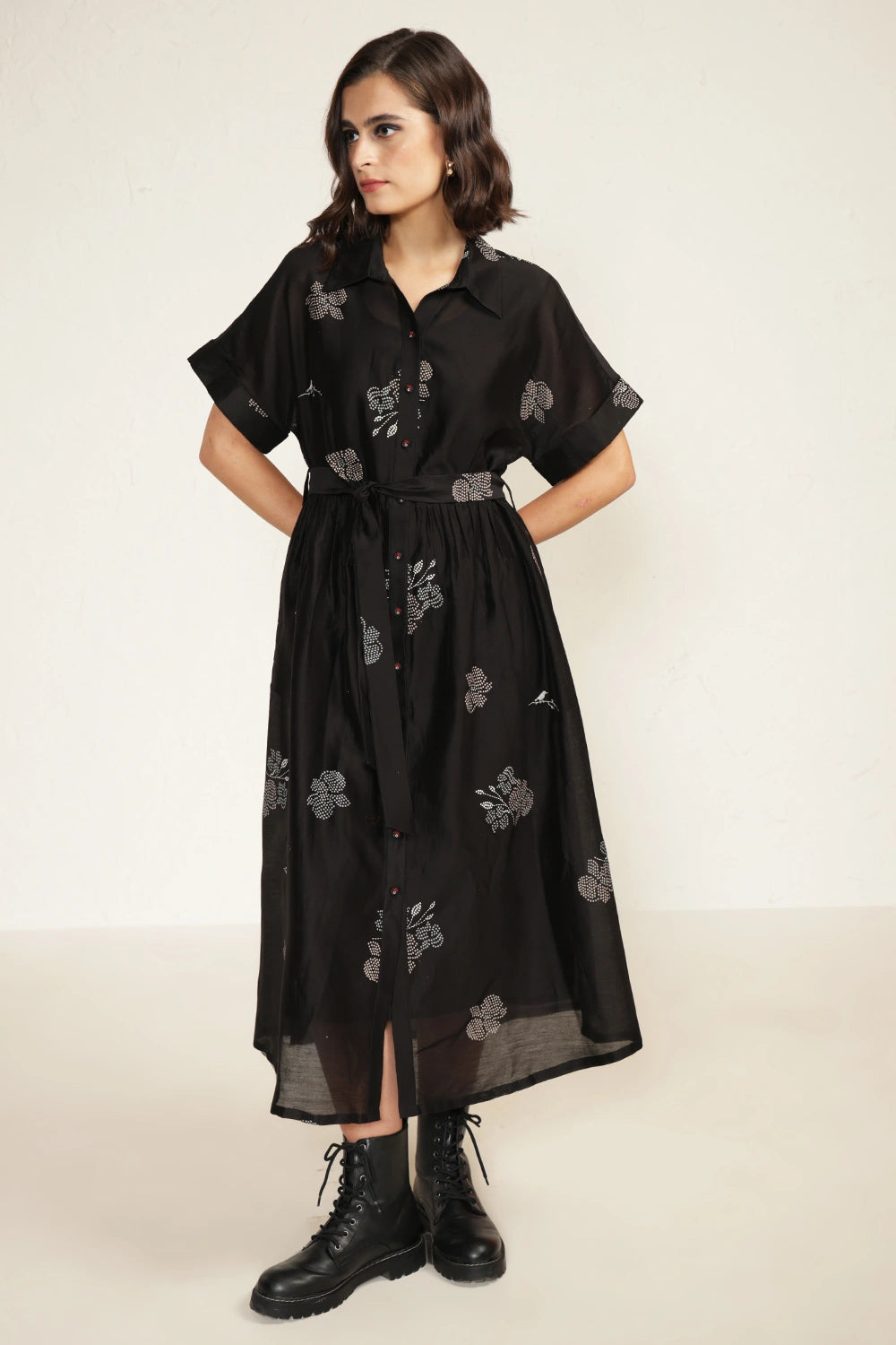 Black Drop Shoulder Printed Embroidered Dress