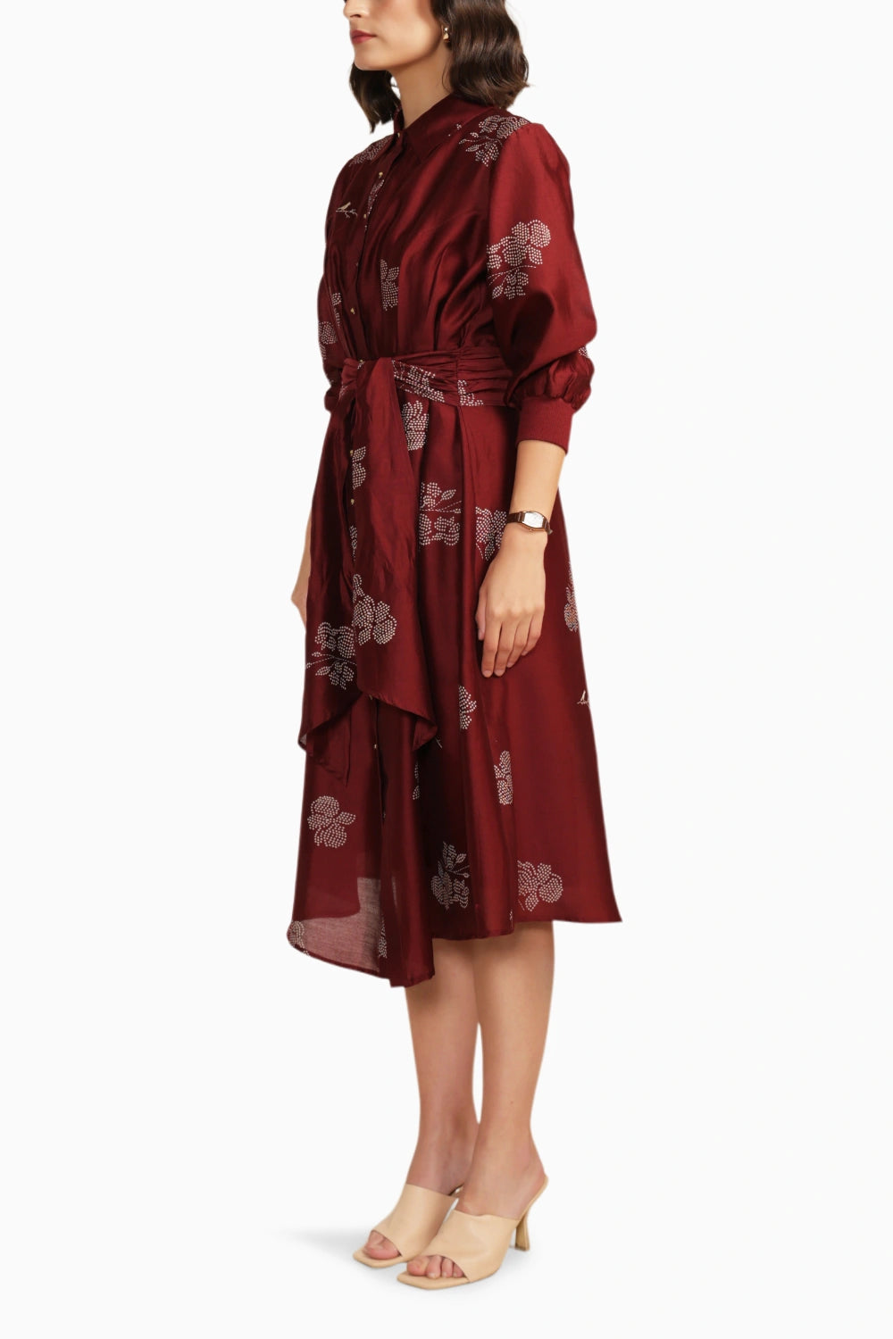 Burgundy Printed Tie Up Embroidered Dress