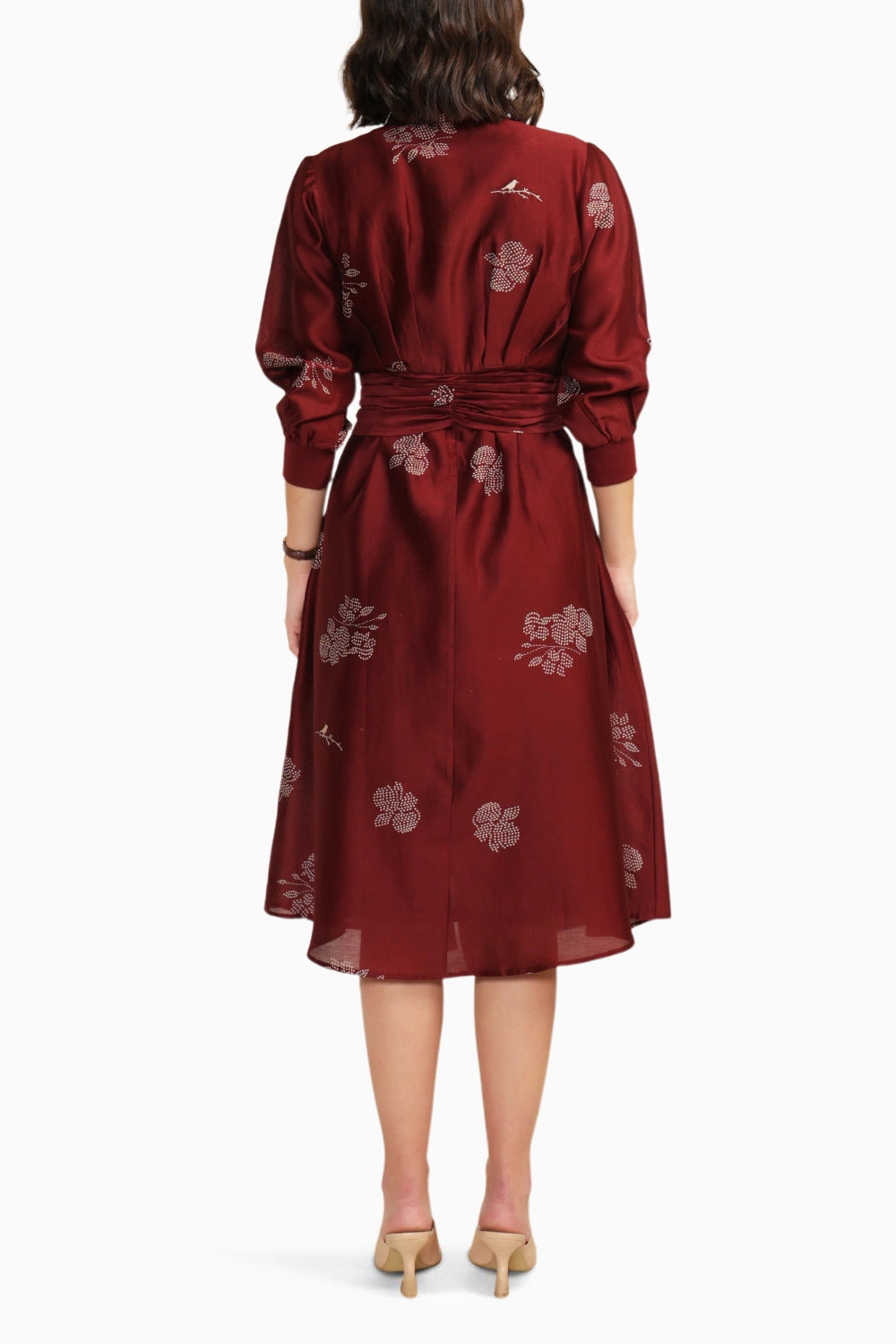 Burgundy Printed Tie Up Embroidered Dress