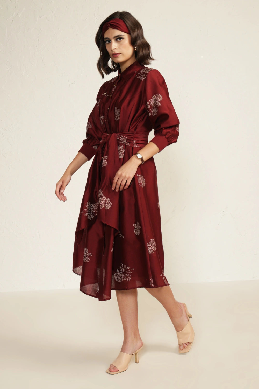 Burgundy Printed Tie Up Embroidered Dress