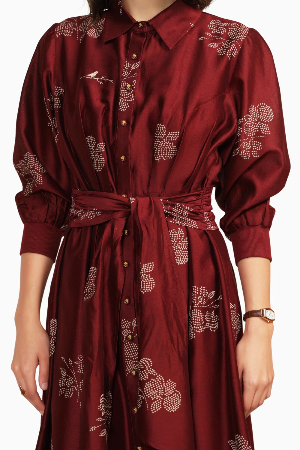 Burgundy Printed Tie Up Embroidered Dress