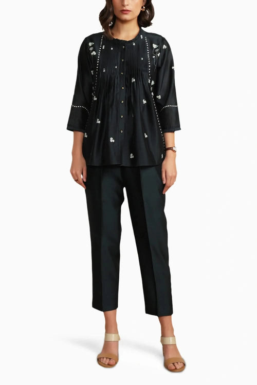 Indigo Silk Chanderi Embroidered Top and Straight Pant