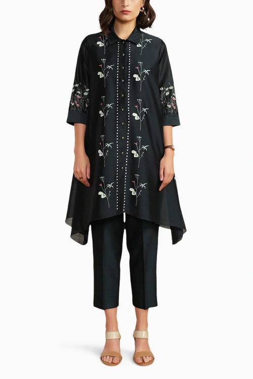 Indigo Silk Chanderi Embroidered Shirt and Pant