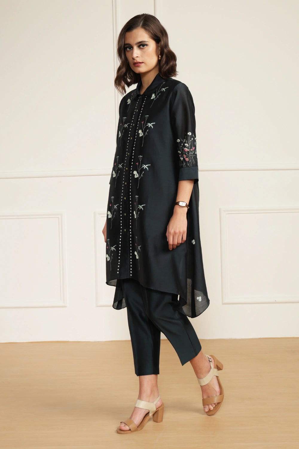 Indigo Silk Chanderi Embroidered Shirt and Pant