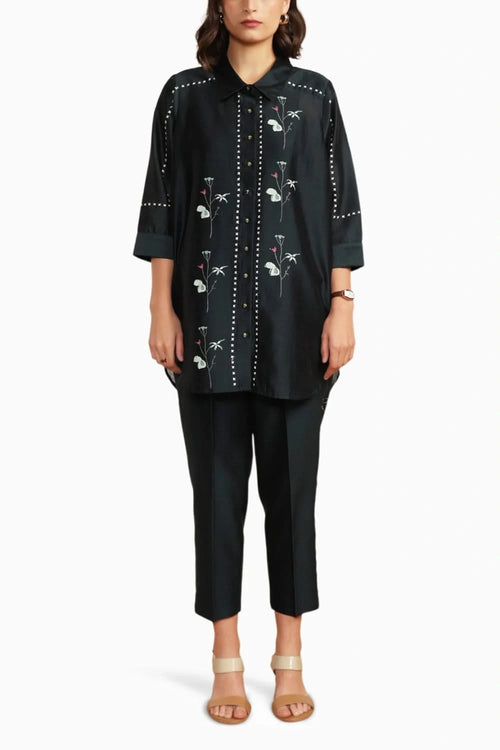 Indigo Silk Chanderi Embroidered Shirt with Straight Pant