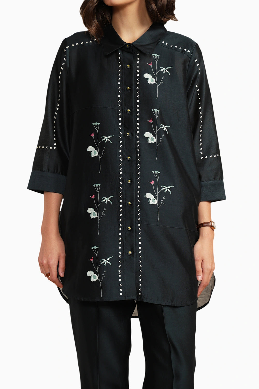 Indigo Silk Chanderi Embroidered Shirt with Straight Pant