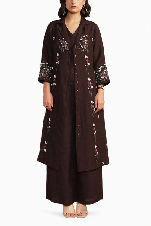 Grape Linen Printed Jacket with Flared Pants and Top