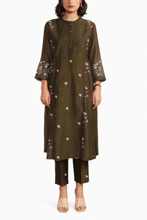 Olive Chanderi Pin Tuck Tunic with Straight Printed Pant