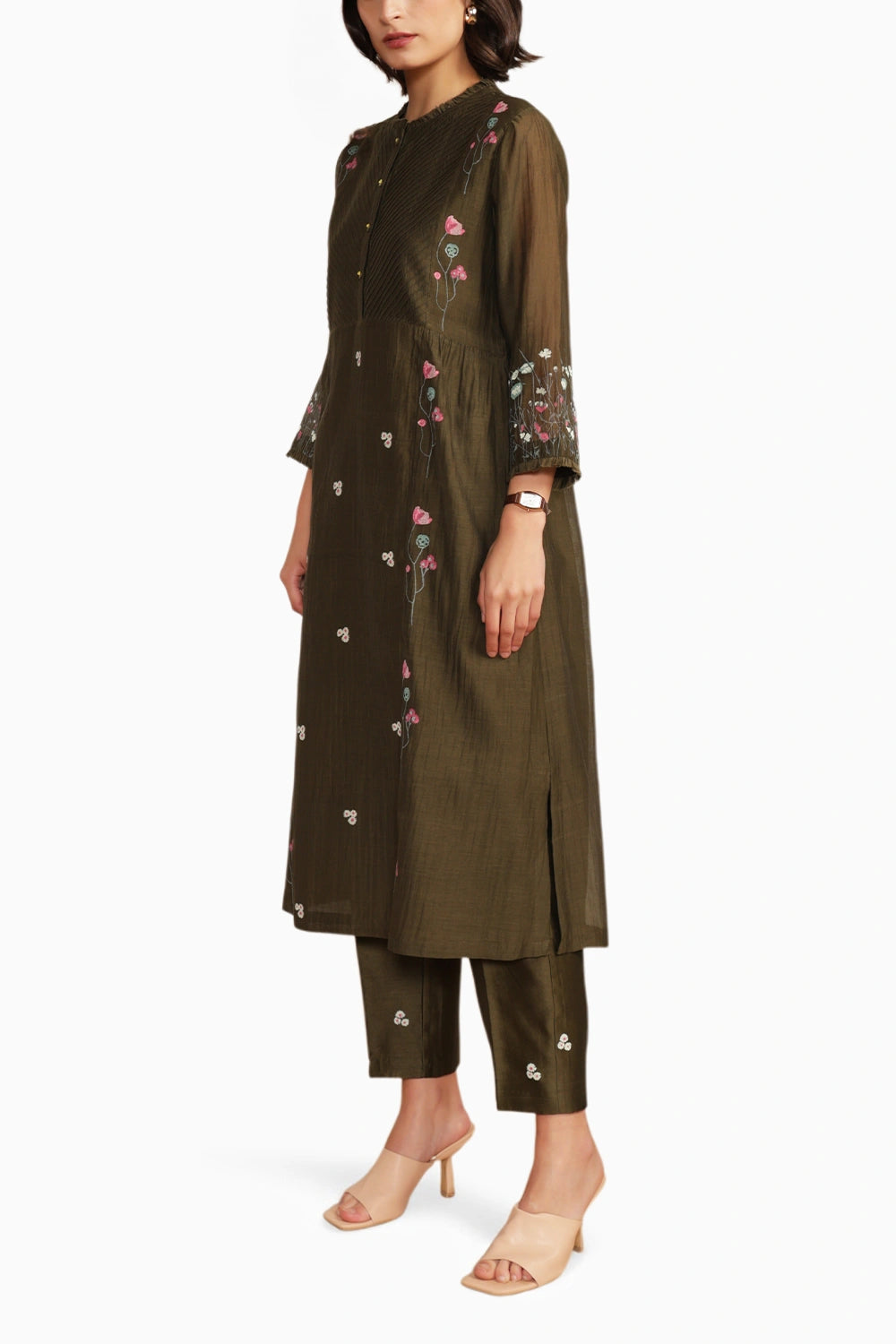 Olive Chanderi Pin Tuck Tunic with Straight Printed Pant