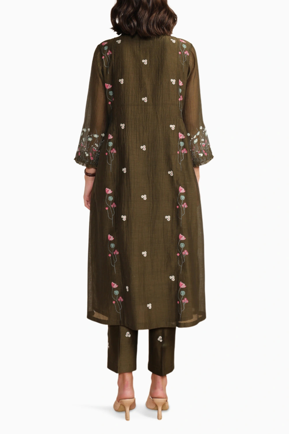 Olive Chanderi Pin Tuck Tunic with Straight Printed Pant