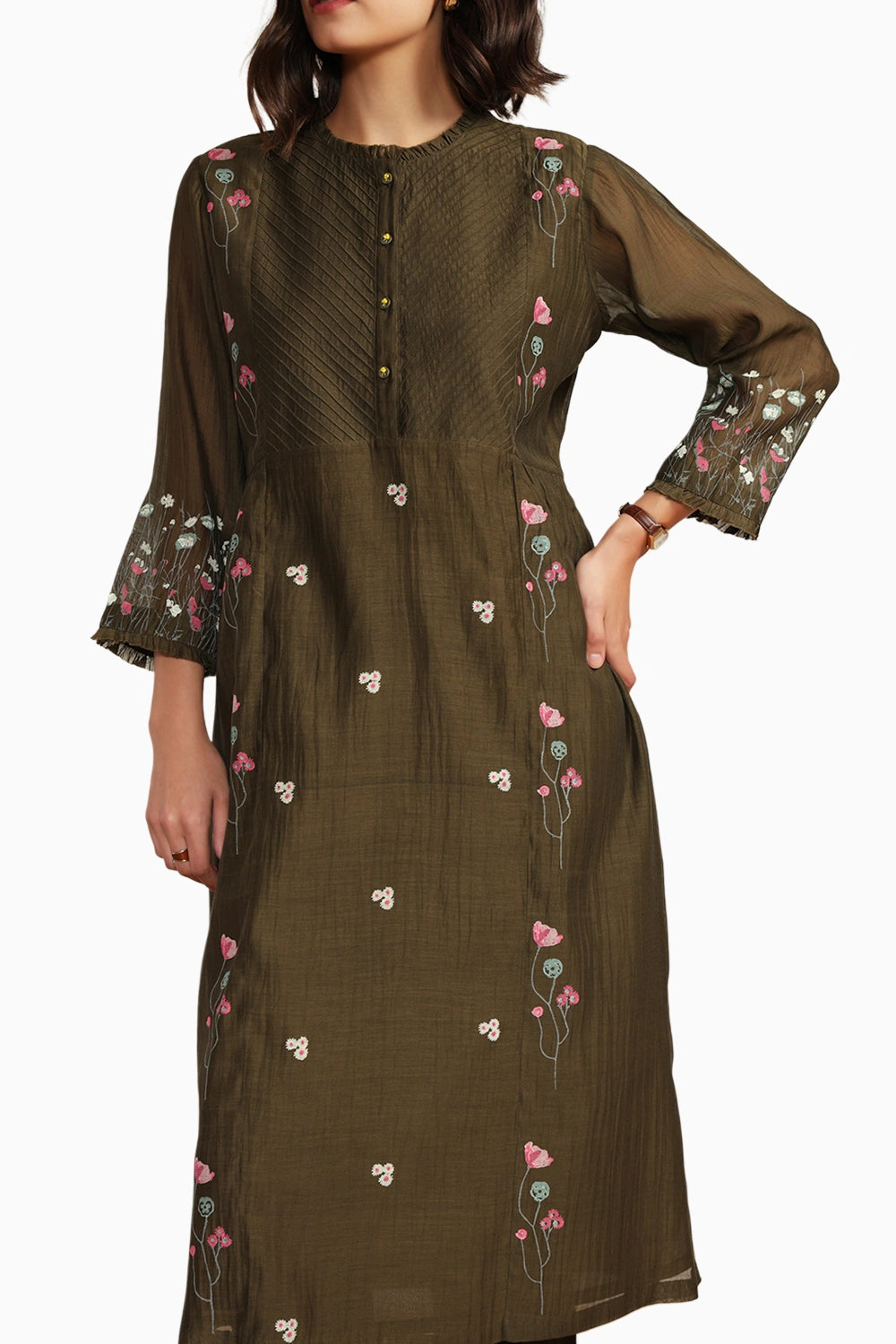 Olive Chanderi Pin Tuck Tunic with Straight Printed Pant