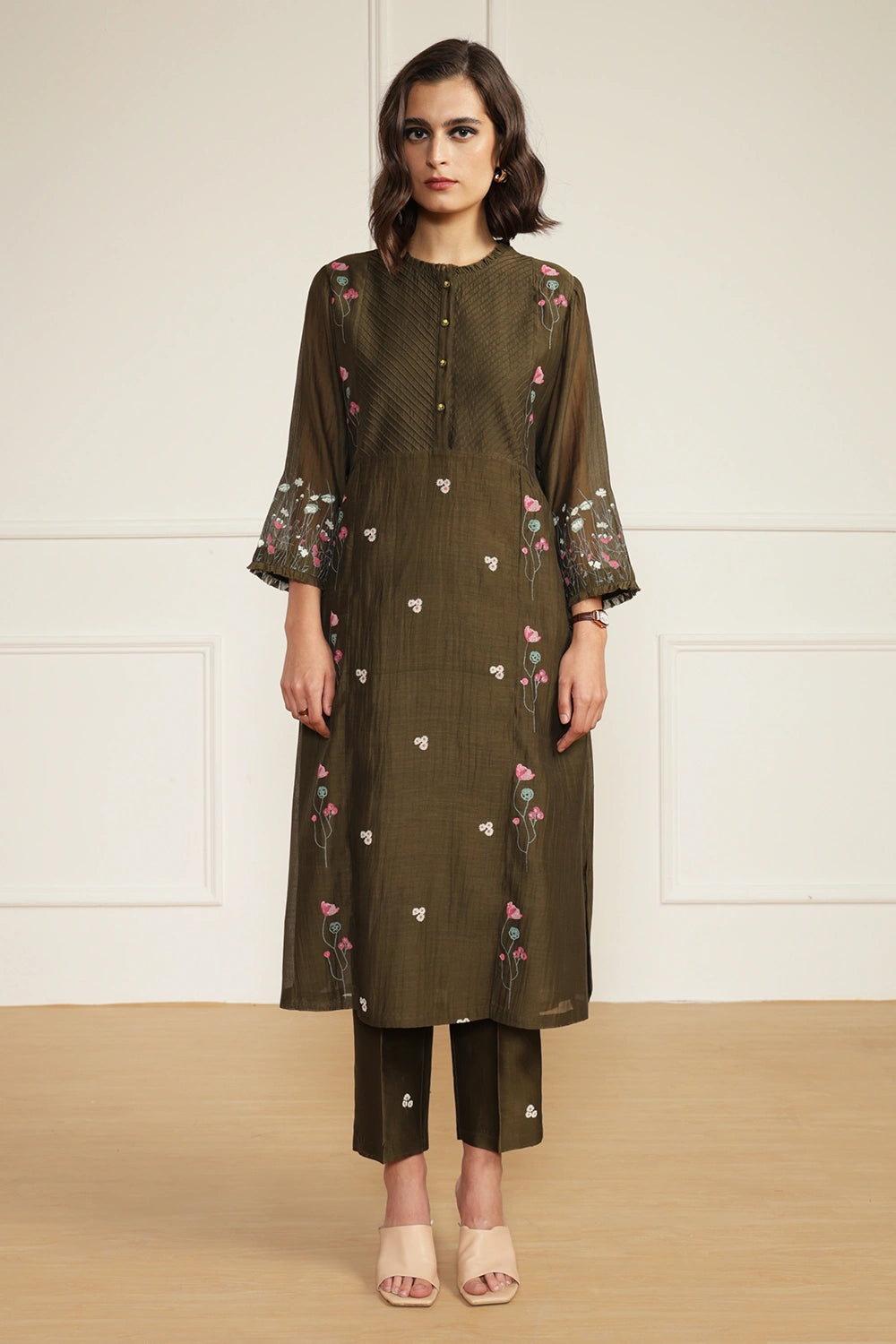 Olive Chanderi Pin Tuck Tunic with Straight Printed Pant