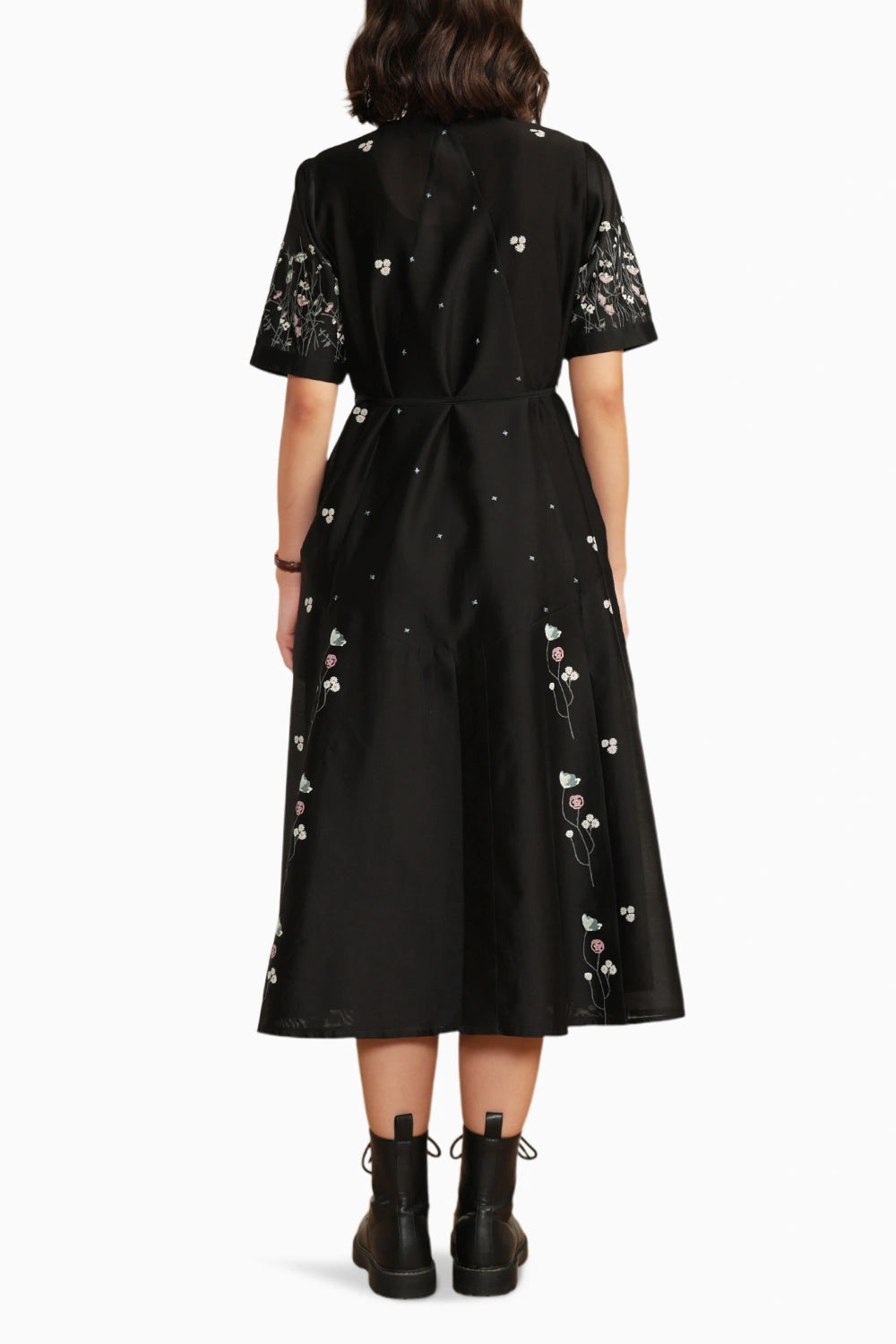 Black Printed A-Line Embroidered Dress