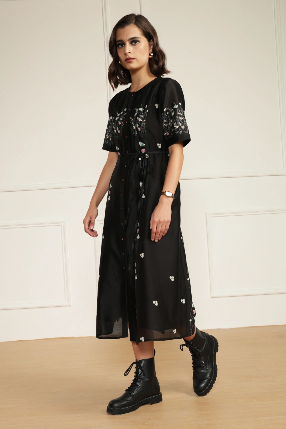 Black Printed A-Line Embroidered Dress