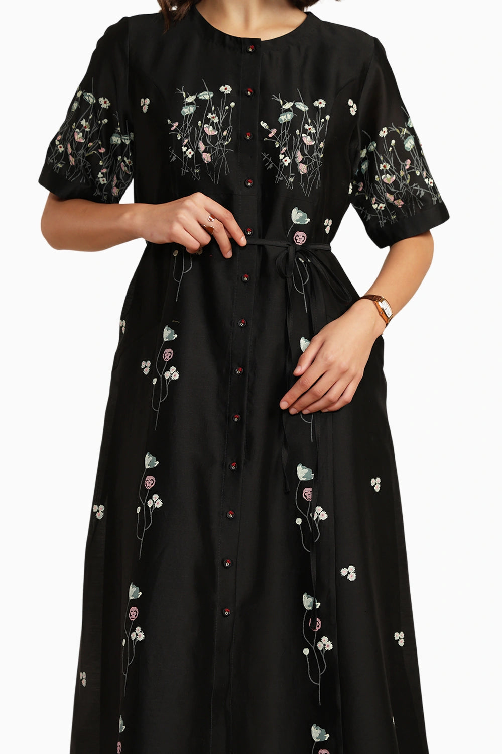 Black Printed A-Line Embroidered Dress