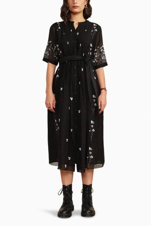 Black Pleated Chanderi Printed Dress