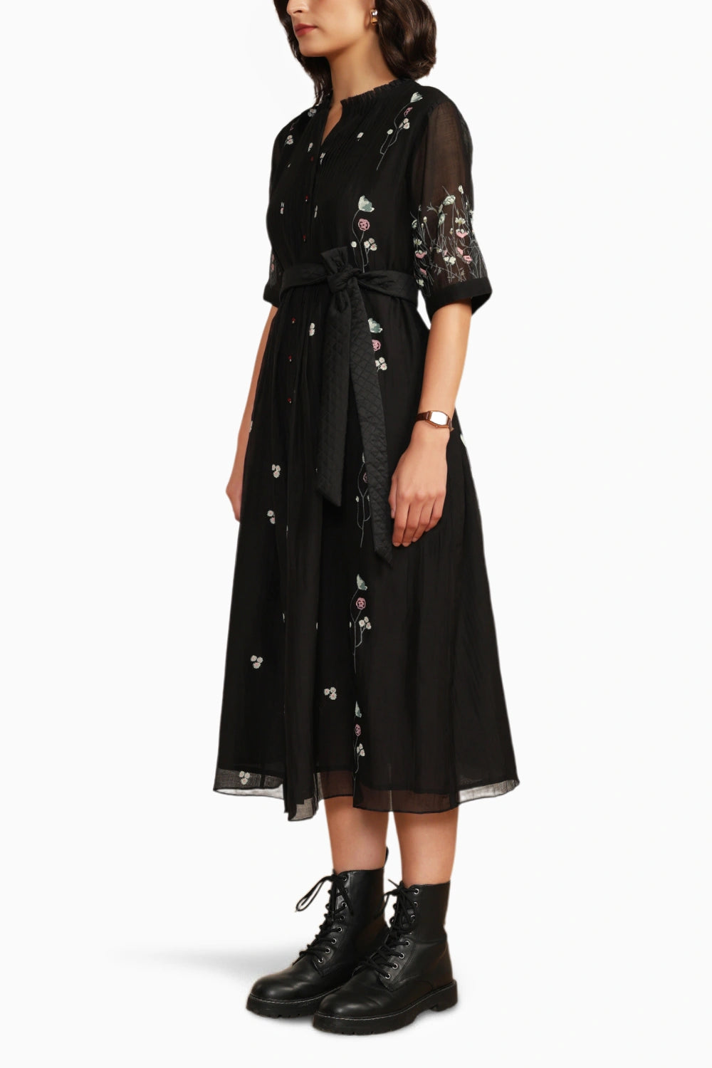 Black Pleated Chanderi Printed Dress