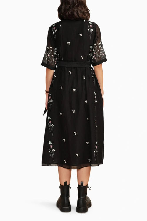 Black Pleated Chanderi Printed Dress