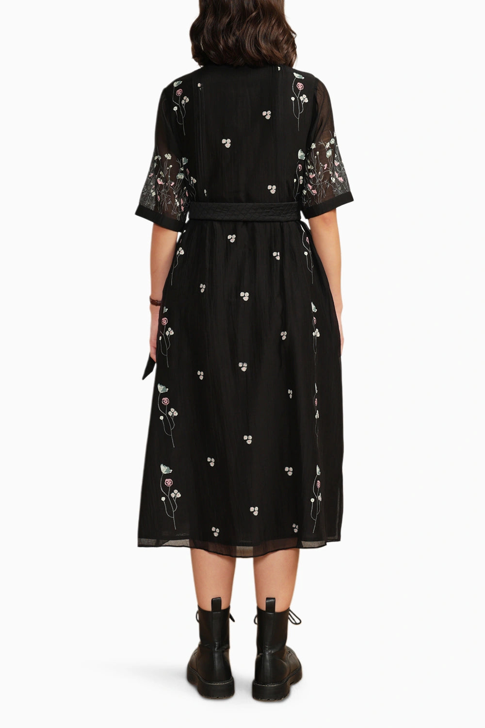 Black Pleated Chanderi Printed Dress