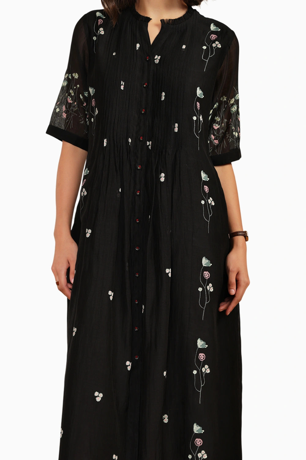 Black Pleated Chanderi Printed Dress