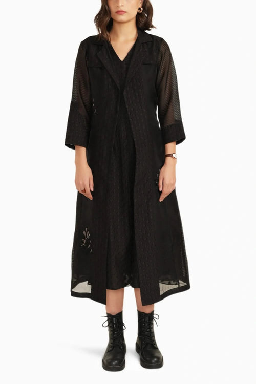 Black Embroidered Organza Jacket with Plain Brocade Dress