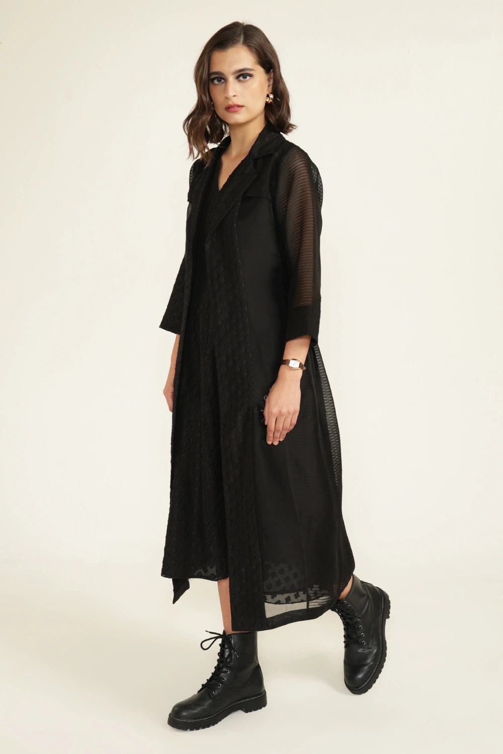 Black Embroidered Organza Jacket with Plain Brocade Dress