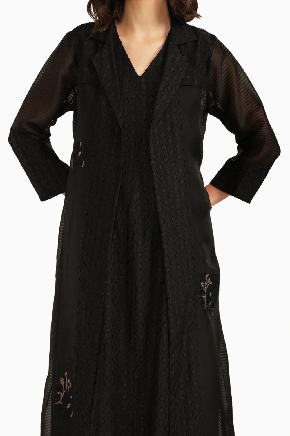 Black Embroidered Organza Jacket with Plain Brocade Dress