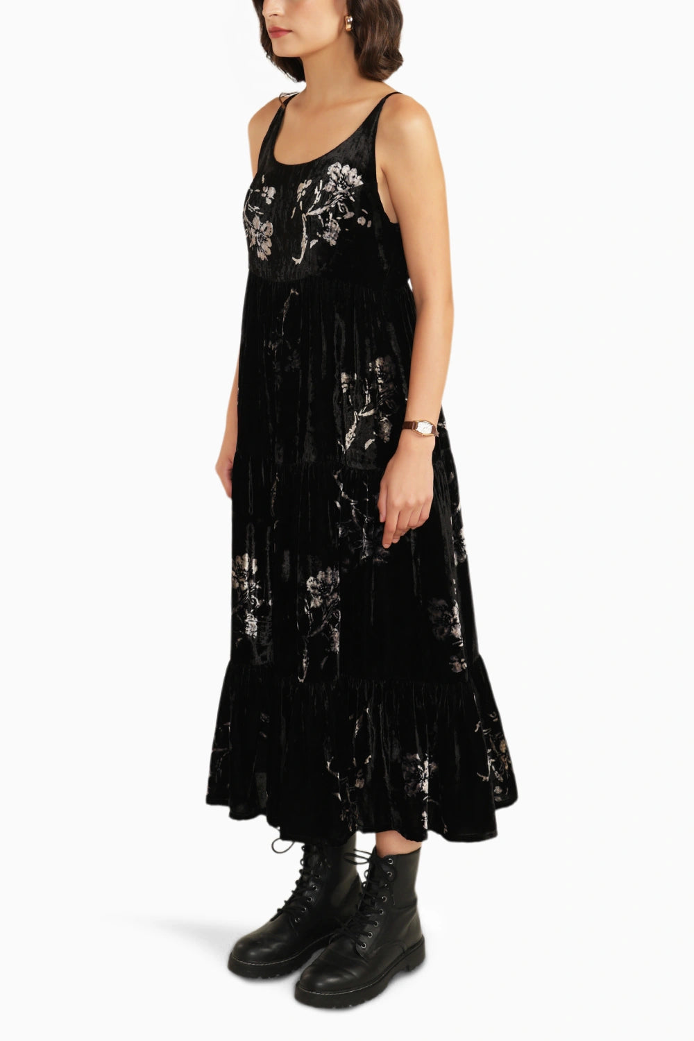 Black Tier Discharge Print Dress