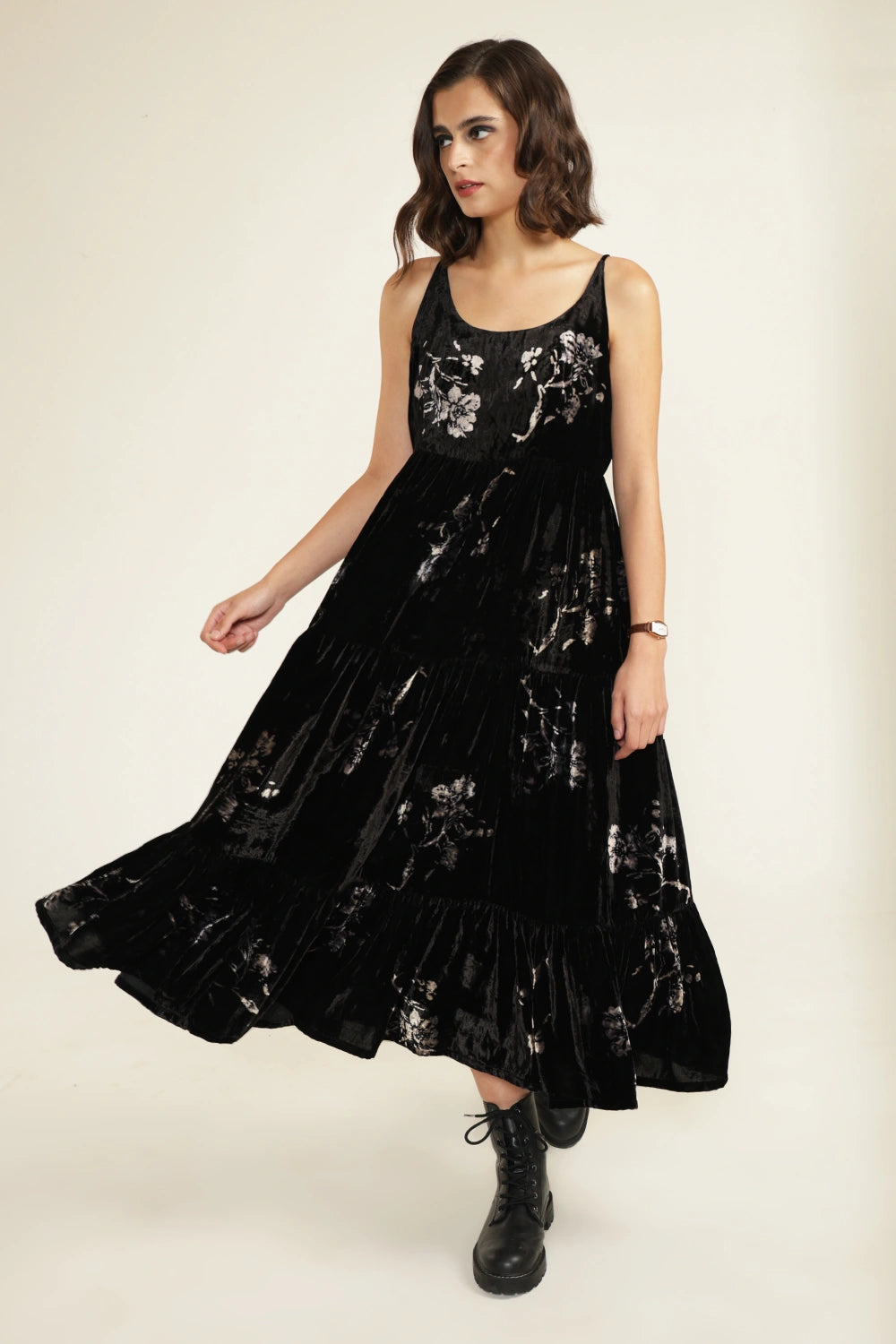 Black Tier Discharge Print Dress