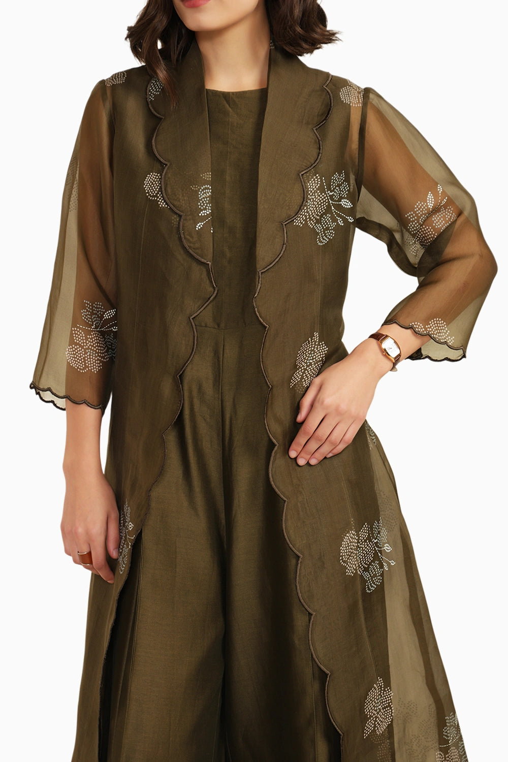 Olive Jumpsuit with Scalloped Collar Organza Jacket