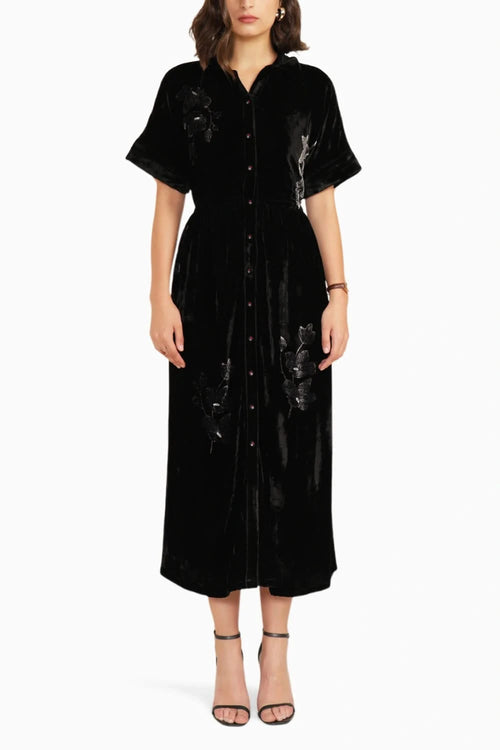 Black Drop Shoulder Discharge Print Embroidered Dress