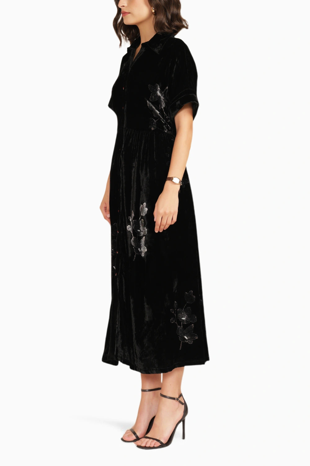 Black Drop Shoulder Discharge Print Embroidered Dress