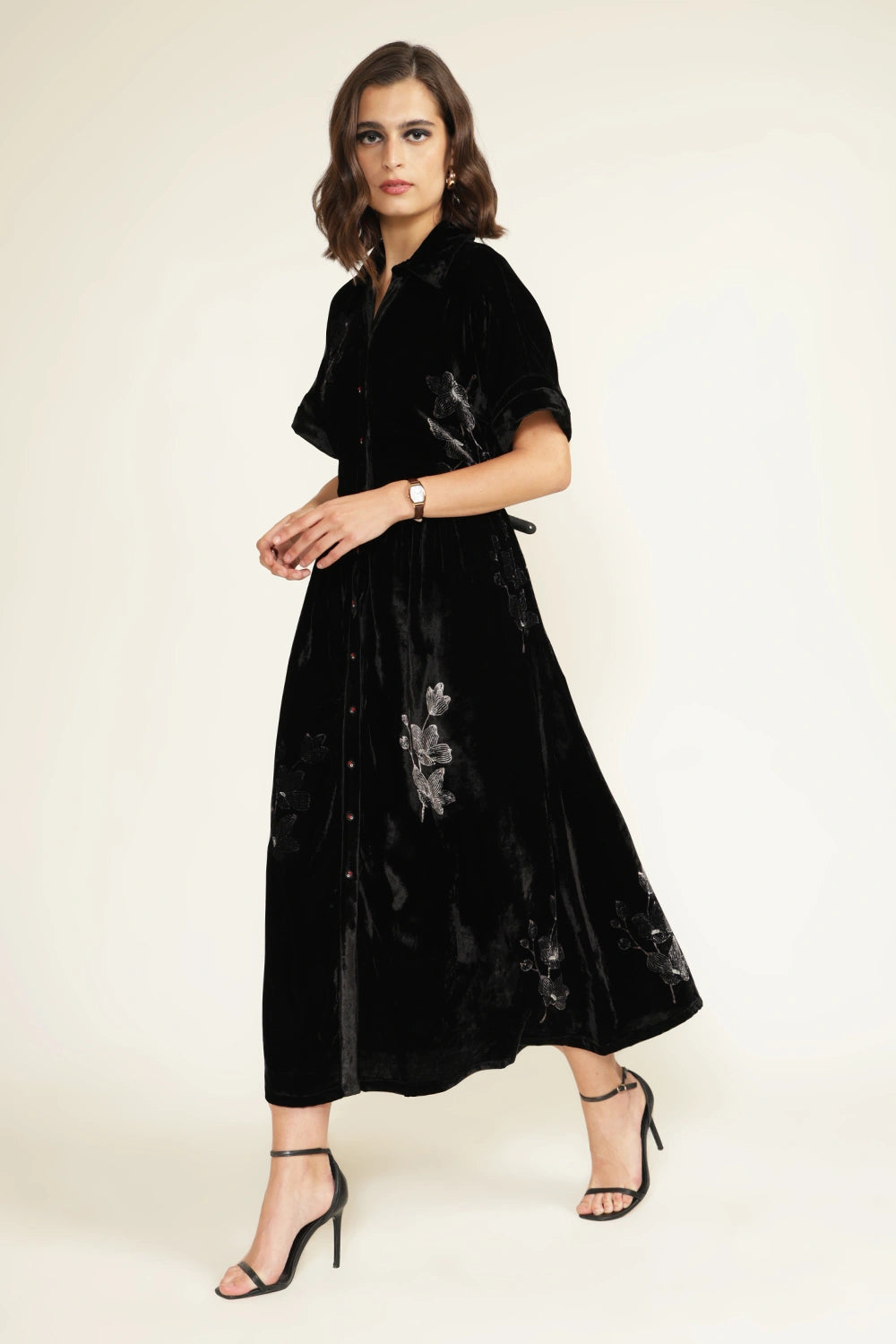 Black Drop Shoulder Discharge Print Embroidered Dress