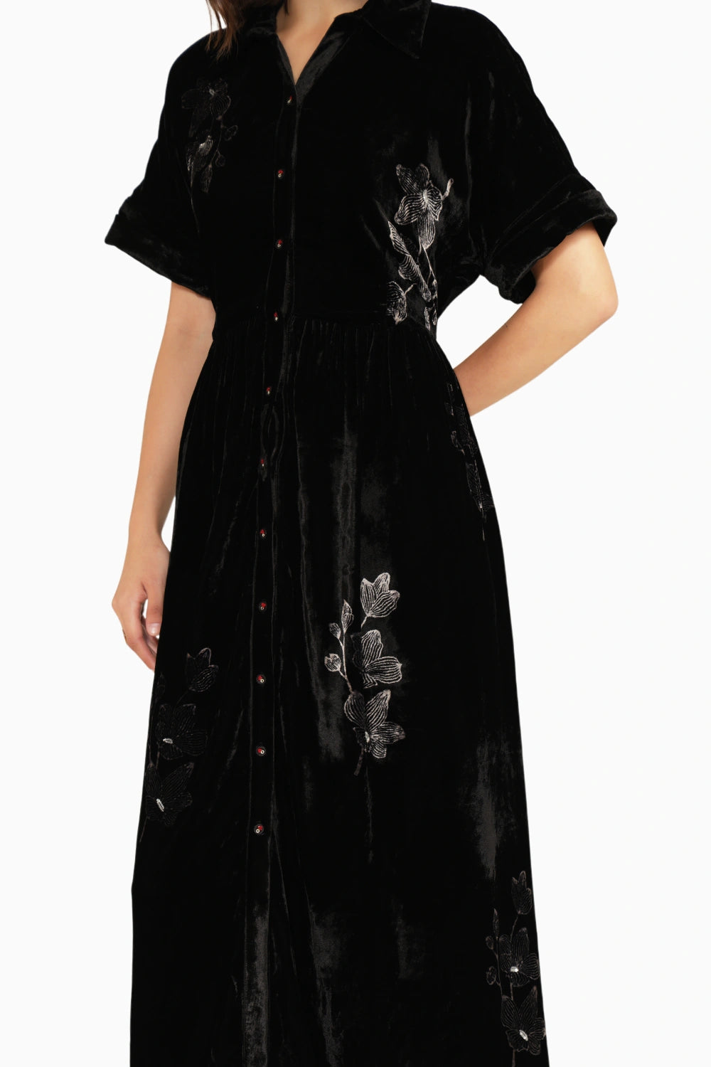 Black Drop Shoulder Discharge Print Embroidered Dress