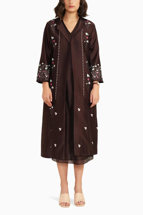 Grape Silk Chanderi Dress with Embroidered Jacket