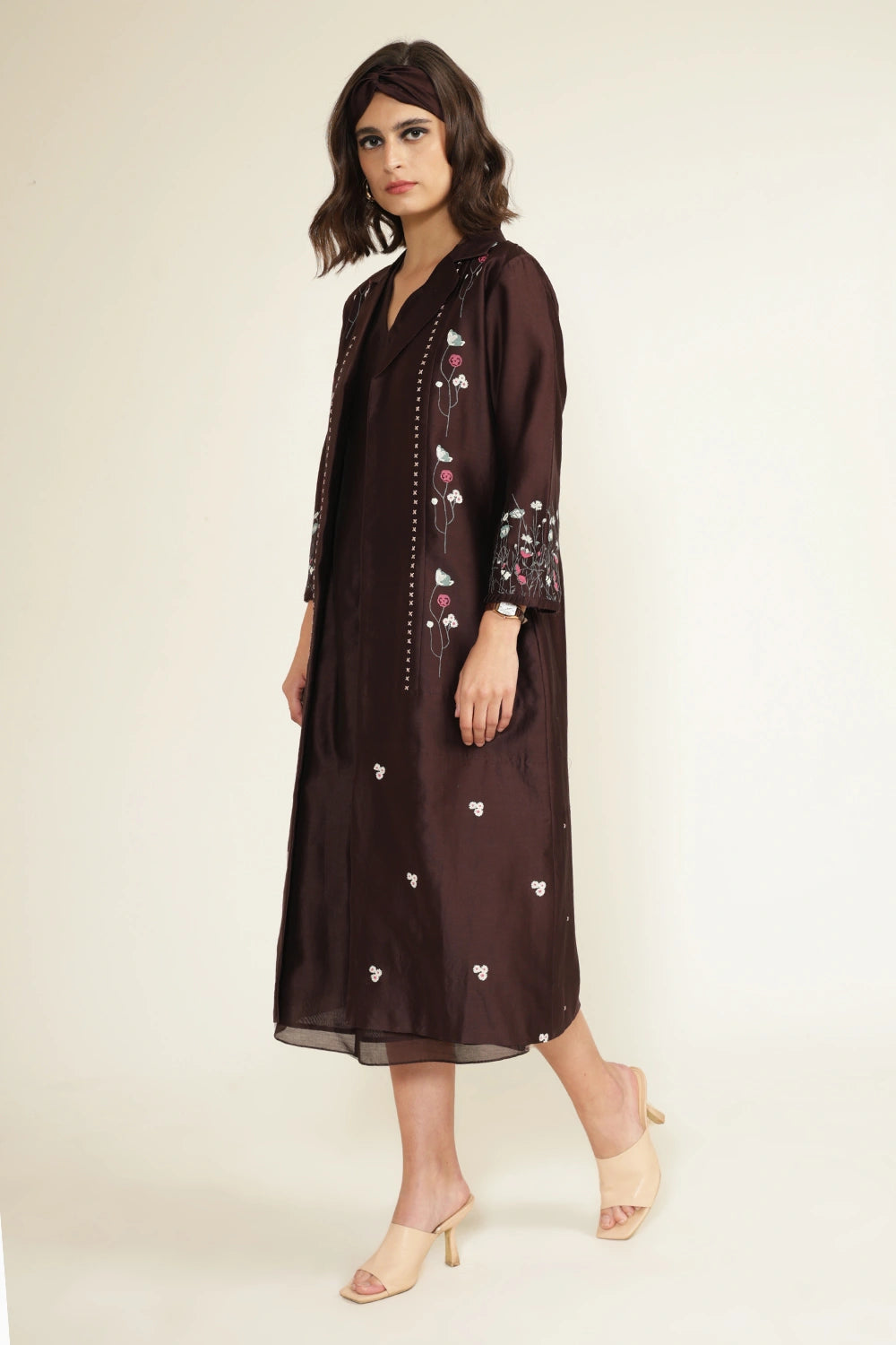 Grape Silk Chanderi Dress with Embroidered Jacket