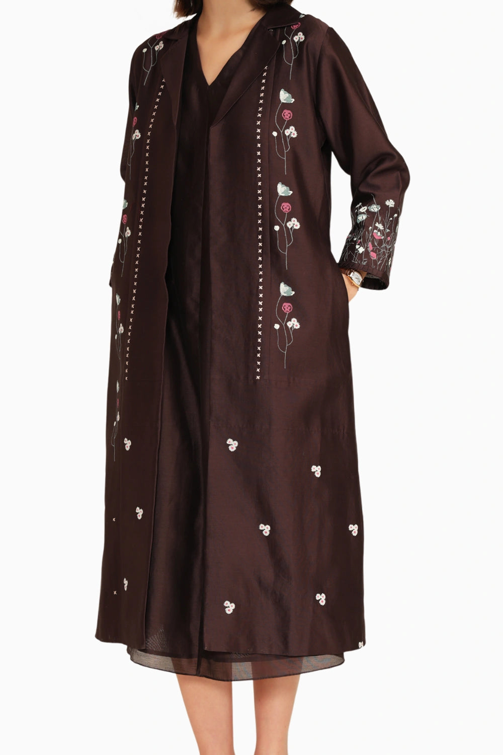 Grape Silk Chanderi Dress with Embroidered Jacket