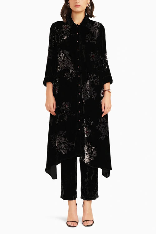 Black Discharge Print Silk Velvet Tunic with Straight Pants